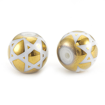 Electroplate Glass Beads, for Jewish, Round with Star of David, Golden Plated, 10x9.5~10mm, Hole: 1.2mm, 200pcs/bag