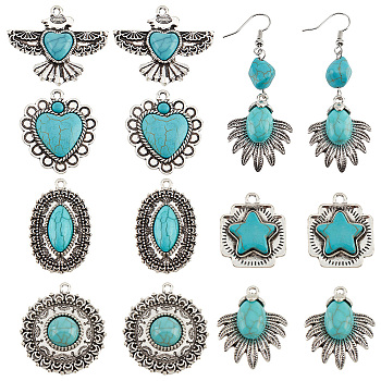 Elite 12Pcs 6 Styles Synthetic Turquoise Pendants, with Antique Silver Tone Alloy Findings, Eagle & Square & Oval & Flat Round & Heart, 27~35x22~34x6~8mm, Hole: 1.8~2.2mm, 2pcs/style