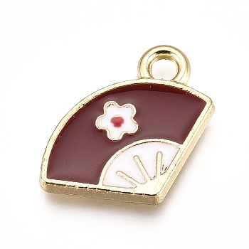 Alloy Charms, with Enamel, Fan with Flower, Golden, 13x13x2mm, Hole: 1.8mm
