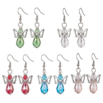 Tibetan Style Alloy Angel Fairy Dangle Earrings, Glass Beaded Drop Earrings, Mixed Color, 48x18mm