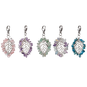 Natural & Synthetic Gemstone Pendant Decorations, with Iron Findings and 304 Stainless Steel Lobster Claw Clasps, Leaf, Stainless Steel Color, 44mm