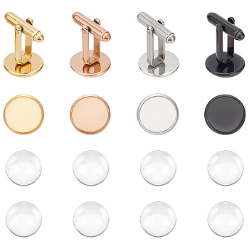 8Pcs 4 Styles 304 Stainless Steel Cufflinks Settings, Flat Round, Mixed Color, Tray: 12mm, 19.5~26.5mm, 2pcs/styles