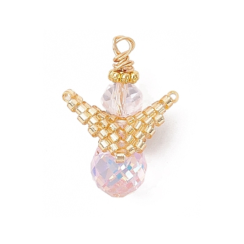 Glass Pendants, Angel, with Glass Seed Beads & Copper Wire, Faceted, Pearl Pink, 22x15x11mm, Hole: 1.8mm