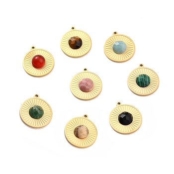 Natural Gemstone Pendants, with Ion Plating(IP) 304 Stainless Steel Findings, Real 24K Gold Plated, Mixed Dyed and Undyed, Flat Round, 15.5x13.5x3.5mm, Hole: 1mm
