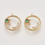 Brass Micro Pave Cubic Zirconia Charms, Real 18K Gold Plated, Flat Round with Star and Moon, Nickel Free, Green, 13.5x11.5x3mm, Hole: 0.9mm(KK-N216-27A)