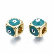 Brass European Beads, with Enamel, Large Hole Beads, Real 18K Gold Plated, Nickel Free, Cube with Evil Eye, Light Sea Green, 9x10x10mm, Hole: 4mm(KK-S362-044C-NF)