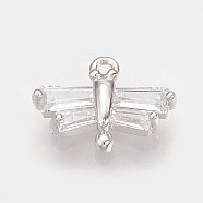 Brass Cubic Zirconia Charms, Nickel Free, Real Platinum Plated, Butterfly, 7.5x10x2mm, Hole: 1mm(ZIRC-Q002-127P)