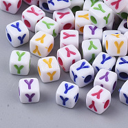 White Opaque Acrylic Beads, Horizontal Hole, Cube with Mixed Color Letter, Letter.Y, 5x5x5mm, Hole: 2mm, about 5000pcs/500g(MACR-R869-01Y)
