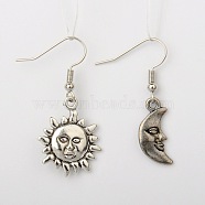 Tibetan Style Alloy Sun and Moon Earrings, with Brass Earring Hooks, Platinum and Antique Silver, Mixed Color, 34~38mm, Pin: 0.7mm(EJEW-JE01006)