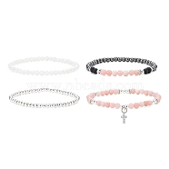 4Pcs 4 Style Natural & Synthetic Mixed Gemstone Round Beaded Stretch Bracelets Set, Clear Cubic Zirconia Cross Charms Stackable Bracelets for Women, Inner Diameter: 2~2-1/4 inch(5.05~5.6cm), 1Pc/style(BJEW-JB09082)