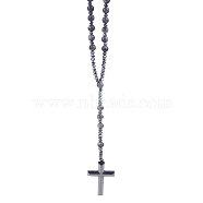 Natural Labradorite Rosary Bead Necklace, Synthetic Hematite Cross Pendant Necklace, 27.56 inch(70cm)(WG81562-04)