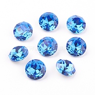 Pointed Back & Back Plated Glass Rhinestone Cabochons, Grade A, Faceted, Flat Round, Sapphire, 10x5mm(RGLA-J012-10mm-206)
