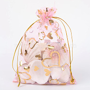 Heart Printed Organza Bags, Wedding Favor Bags, Favour Bag, Gift Bags, Rectangle, PeachPuff, 18x13cm(OP-R022-13x18-02)