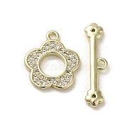 Brass Micro Pave Cubic Zirconia Toggle Clasps, Long-Lasting Plated, Flower, Golden, 14x12x1.5mm, Hole: 1.2mm(KK-C048-04B-G)