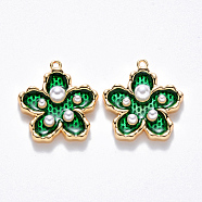 Brass Enamel Pendants, with ABS Plastic Imitation Pearl, Nickel Free, Flower, Real 18K Gold Plated, Green, 16.5x15.5x4mm, Hole: 1mm(KK-T049-052G-02-NF)