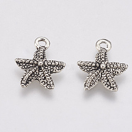 Tibetan Style Alloy Charms, Starfish/Sea Stars, Cadmium Free & Nickel Free & Lead Free, Antique Silver, 15x12x2.5mm, Hole: 1.5mm, about 1260pcs/1000g(TIBE-T011-207AS-FF)