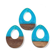 Resin & Wood Pendants, Hollow Teardrop Charms, Dodger Blue, 37.5x28x3.5mm, Hole: 2mm(WOOD-F015-17H)