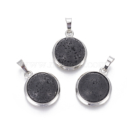 Natural Lava Rock Pendants, with Brass Findings, Half Round, Platinum, 23~24x19~20x8~10mm, Hole: 8x5mm(G-L512-B06)