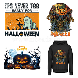 3Pcs 3 Style Halloween Theme Tombstone & Word Pet Film with Hot Melt Adhesive Heat Transfer Film, for Garment Accessories, Mixed Color, 1pc/style(DIY-CN0001-41)