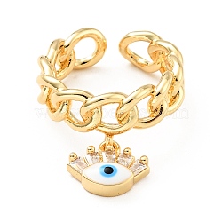 Enamel Evil Eye Charm Open Cuff Ring with Cubic Zirconia, Brass Hollow Ring for Women, Cadmium Free & Lead Free, Real 18K Gold Plated, US Size 7(17.3mm)(KK-D080-04G)