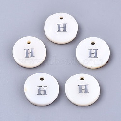 Natural Freshwater Shell Pendants, with Platinum Plated Iron Etched Metal Embellishments, Flat Round with Initial Letter, White, Letter.H, 11x2mm, Hole: 1.5mm(SHEL-Q018-01A-H-P)