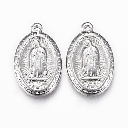 201 Stainless Steel Medal Pendants, Oval with Virgin Mary/Our Lady of Guadalupe, Stainless Steel Color, 23x14x2.5mm, Hole: 1.5mm(STAS-P175-66P-01)