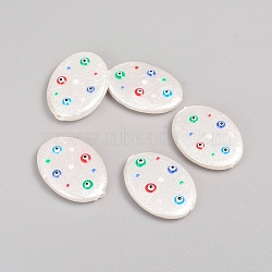 Paint Sprayed Shell Pearl Beads, with Enamel, Polished, Oval with Evil Eye, White, 22.5x16.5x4~4.5mm, Hole: 0.8mm(X-BSHE-I010-05)