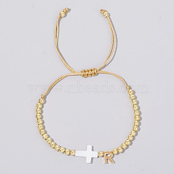 Brass Round Bead Braided Bead Bracelets, Shell Cross & Brass Leeter Charm Bracelets for Women Men, Letter R(VB3830-18)