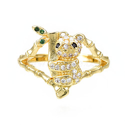 Cubic Zirconia Panda with Bamboo Open Cuff Ring, Real 18K Gold Plated Brass Chunky Ring for Women, Nickel Free, Colorful, US Size 7 1/2(17.7mm)(RJEW-N037-011)