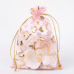 Heart Printed Organza Bags, Wedding Favor Bags, Favour Bag, Gift Bags, Rectangle, PeachPuff, 18x13cm(OP-R022-13x18-02)