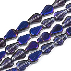 Electroplate Glass Beads Strands, Half Plated, Teardrop, Blue Plated, 11x8x3.5mm, Hole: 0.9mm, about 59~61pcs/strand, 24.80 inch~ 25.59 inch(63~65cm)(EGLA-S188-15-C02)