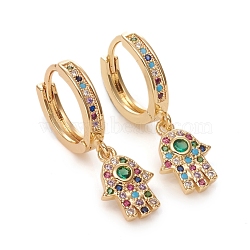 Brass Micro Pave Cubic Zirconia Huggie Hoop Earrings, Long-Lasting Plated, Hamsa Hand/Hand of Fatima/Hand of Miriam, Colorful, Golden, 29.5mm, Pin: 1mm(EJEW-G276-12G)