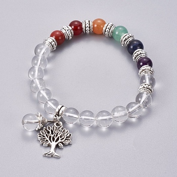 Chakra Jewelry, Natural Quartz Crystal Bracelets, with Metal Tree Pendants, 50mm