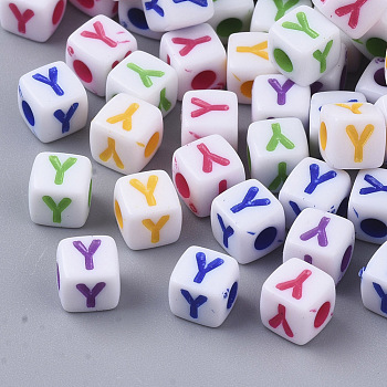 White Opaque Acrylic Beads, Horizontal Hole, Cube with Mixed Color Letter, Letter.Y, 5x5x5mm, Hole: 2mm, about 5000pcs/500g
