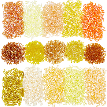 Elite 1500Pcs 5 Colors 12/0 Round Glass Seed Beads, Opaque Colors Lustered, with 2000Pcs 10 Style Round & Twist Bugle Beads, Yellow, 2~7x2mm, Hole: 0.8~1mm, 3300Pcs/box