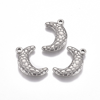304 Stainless Steel Pendants, Textured, Moon, Stainless Steel Color, 23.5x14.5x3mm, Hole: 1.8mm