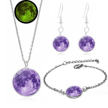 Alloy & Glass Moon Effect Luminous Jewerly Sets, Including Bracelets, Earring and Necklaces, Dark Violet
