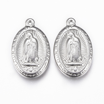 201 Stainless Steel Medal Pendants, Oval with Virgin Mary/Our Lady of Guadalupe, Stainless Steel Color, 23x14x2.5mm, Hole: 1.5mm