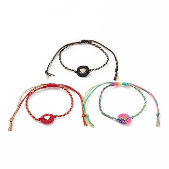 Adjustable Nylon Thread Braided Bead Bracelets, with Brass Heart Beads, Golden, Mixed Color, Inner Diameter: 2-1/8~4 inch(5.5~10cm)