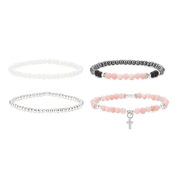 4Pcs 4 Style Natural & Synthetic Mixed Gemstone Round Beaded Stretch Bracelets Set, Clear Cubic Zirconia Cross Charms Stackable Bracelets for Women, Inner Diameter: 2~2-1/4 inch(5.05~5.6cm), 1Pc/style