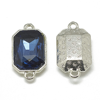 Alloy Glass Links connectors, Faceted, Rectangle Octagon, Platinum, Prussian Blue, 21x12x5.5mm, Hole: 1.5mm