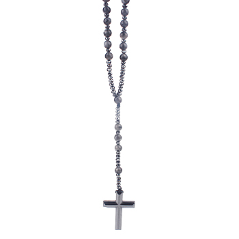 Natural Labradorite Rosary Bead Necklace, Synthetic Hematite Cross Pendant Necklace, 27.56 inch(70cm)