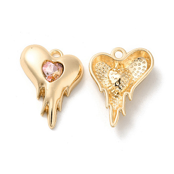 Glass Pandants, with Rack Plating Golden Alloy Findings, Nickel Free, Melting Heart Charms, Pink, 20x15x4mm, Hole: 1.6mm
