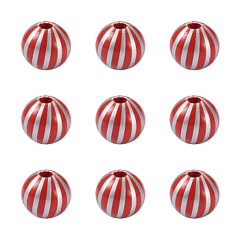 Natural Wooden Beads, DIY Jewelry Accessories, Round with Stripe Patten, Red, 5/8 inch(16mm), Hole: 4mm