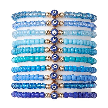 10Pcs 10 Styles Blue Color Palette Glass Seed Beaded Stretch Bracelets Sets, Evil Eye Alloy Enamel Stackable Bracelets for Women, Mixed Color, Inner Diameter: 2-1/8 inch(5.5cm), 1pc/style