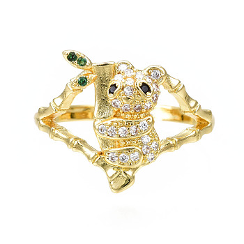 Cubic Zirconia Panda with Bamboo Open Cuff Ring, Real 18K Gold Plated Brass Chunky Ring for Women, Nickel Free, Colorful, US Size 7 1/2(17.7mm)