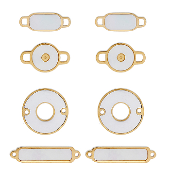 8Pcs 4 Styles 304 Stainless Steel Connector Charms with Shell, Rectangle & Flat Round, Seashell Color, Real 14K Gold Plated, 18x4x1.5mm, Hole: 0.9mm, 2pcs/style