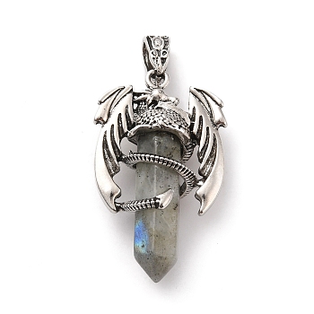 Natural Labradorite Pointed Pendants, Faceted Bullet Charms, with Rack Plating Platinum Tone Alloy Dragon Findings, Cadmium Free & Lead Free, 39~41x24~25x13~14mm, Hole: 4x8mm