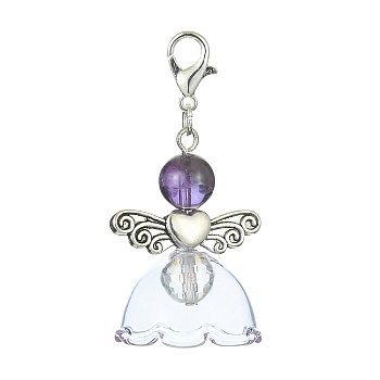 Natural Amethyst Pendant Decorations, with Glass Beads and Alloy Lobster Claw Clasps, Angel, 45mm