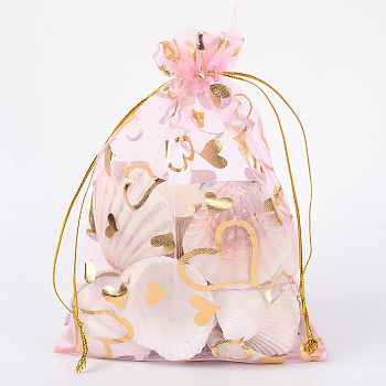 Heart Printed Organza Bags, Wedding Favor Bags, Favour Bag, Gift Bags, Rectangle, PeachPuff, 18x13cm